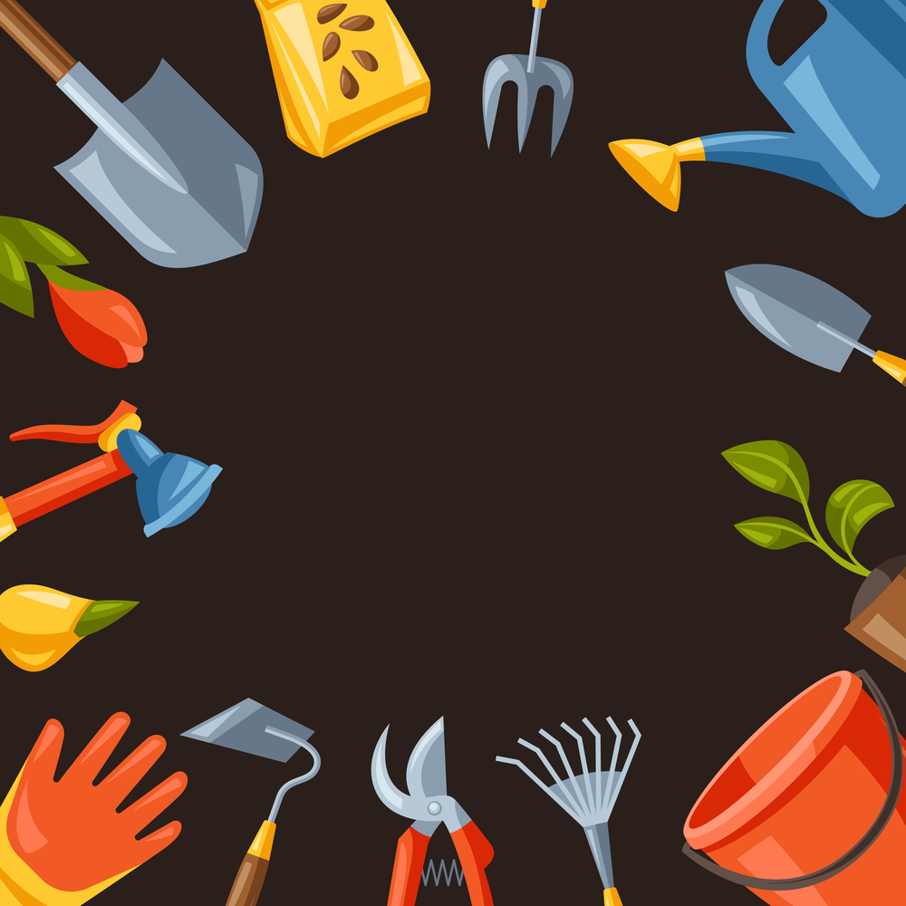 Background with garden tools and equipment. Season gardening illustration.. Background with garden tools and equipment. Gardening illustration.
