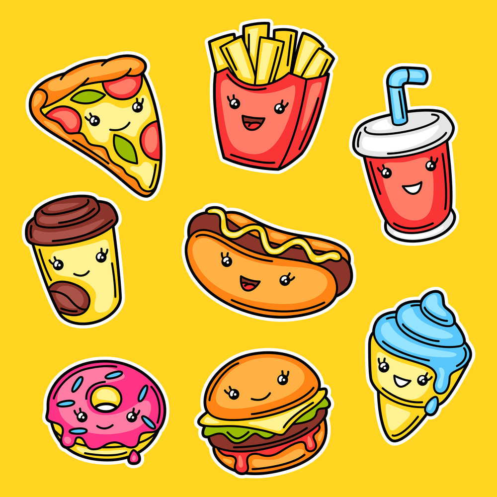 Set of cute kawaii fast food meal. Tasty funny characters of fastfood.. Set of cute kawaii fast food meal.