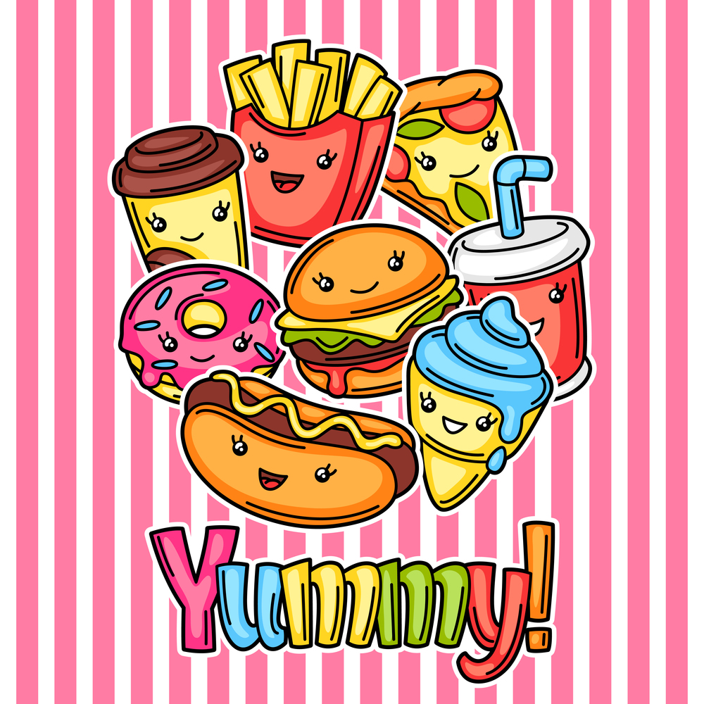 Background with cute kawaii fast food meal. Tasty funny characters of fastfood.. Background with cute kawaii fast food meal.