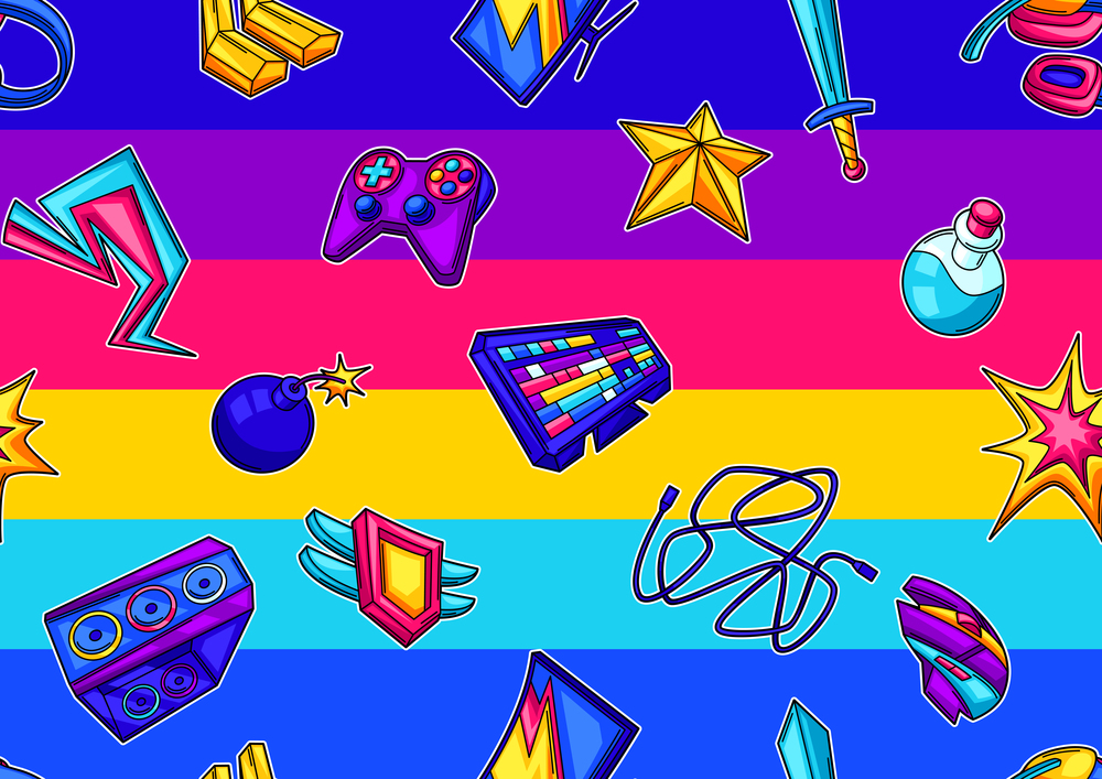 Seamless pattern with gaming items. Cyber sports, computer games, fun recreation. Teenage creative background. Trendy symbols in modern cartoon style.. Seamless pattern with gaming items. Cyber sports, computer games, fun recreation.