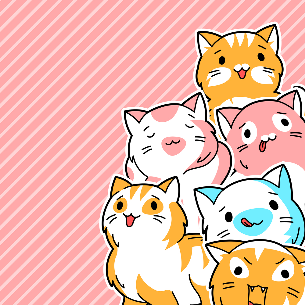 Background with cute kawaii cats. Fun animal illustration. Cartoon stylized characters.. Background with cute kawaii cats. Fun animal illustration.