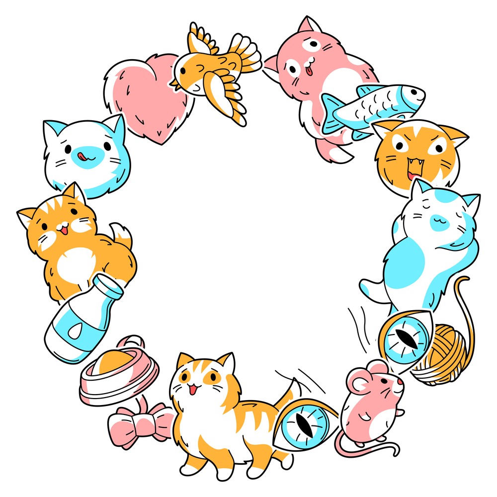 Background with cute kawaii cats. Fun animal illustration. Cartoon stylized items.. Background with cute kawaii cats. Fun animal illustration.