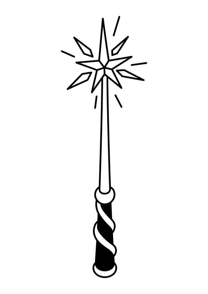 Magic wand. Mystic, alchemy, spirituality, tattoo art. Isolated vector illustration Black and white simbol. Magic wand. Mystic, alchemy, spirituality, tattoo art.
