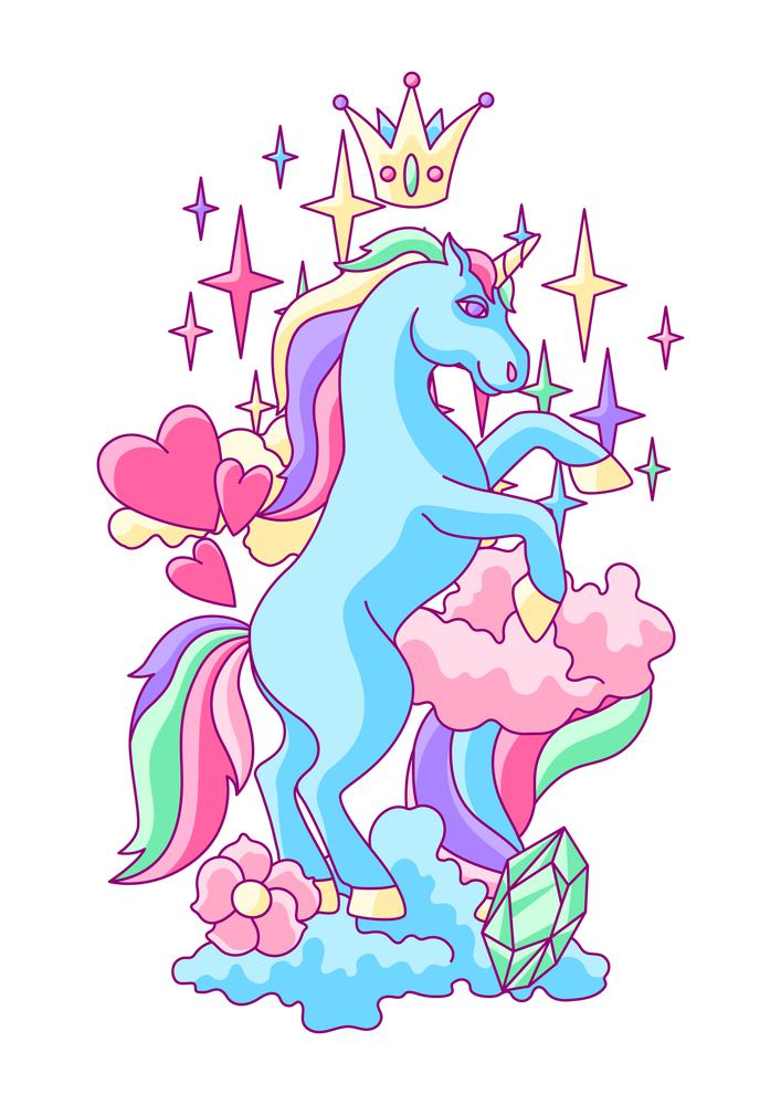 Print or card with unicorn and fantasy items. Fairytale cartoon children illustration.. Print or card with unicorn and fantasy items.