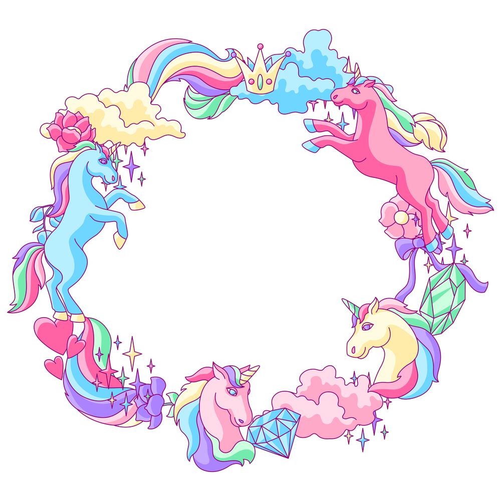 Decorative frame with unicorn and fantasy items. Fairytale cartoon children illustration.. Decorative frame with unicorn and fantasy items.