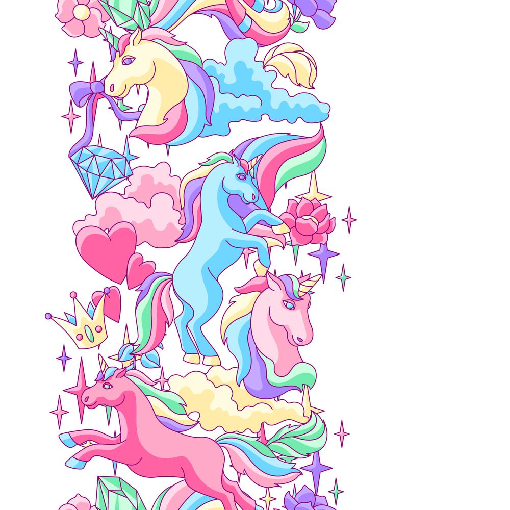 Seamless pattern with unicorns and fantasy items. Fairytale cartoon children illustration.. Seamless pattern with unicorns and fantasy items.