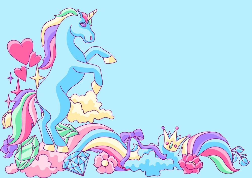 Background or card with unicorn and fantasy items. Fairytale cartoon children illustration.. Background or card with unicorn and fantasy items.