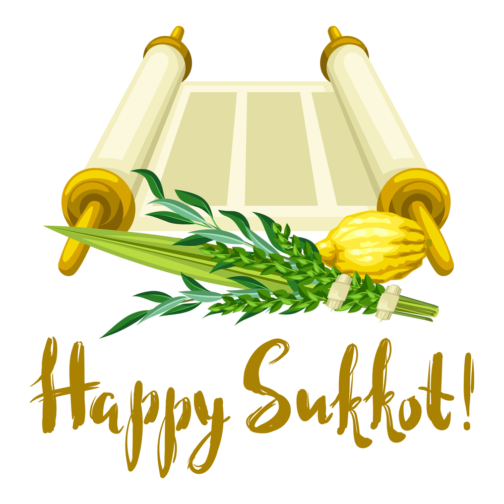 Happy Sukkot greeting card. Holiday background with Jewish festival traditional symbols. Four species etrog, lulav, willow and myrtle branches.. Happy Sukkot greeting card. Holiday background with Jewish festival traditional symbols.