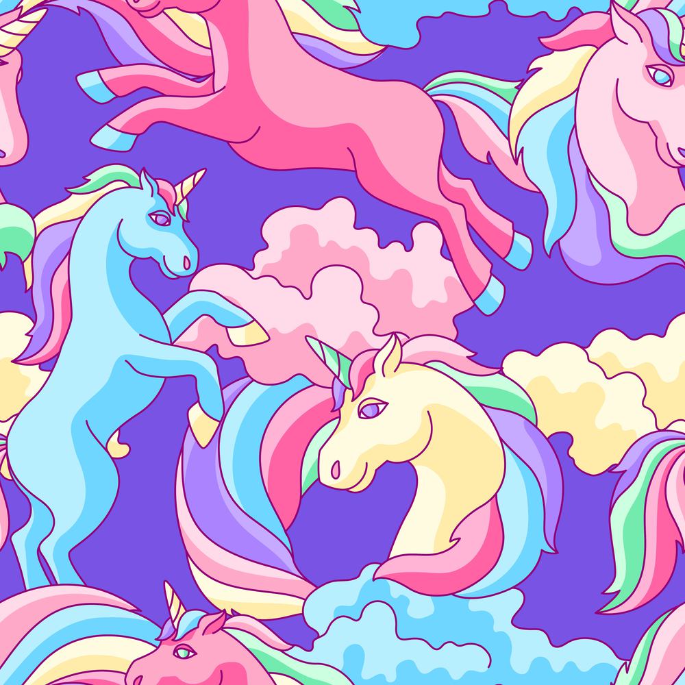 Seamless pattern with unicorns, clouds and rainbows. Fairytale cartoon children illustration.. Seamless pattern with unicorns, clouds and rainbows.