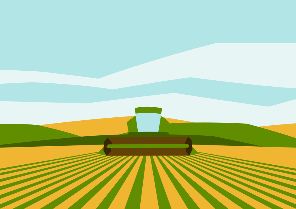 Combine harvester on wheat field. Agricultural illustration farm rural landscape. Seasonal nature background.. Combine harvester on wheat field. Agricultural illustration farm rural landscape.