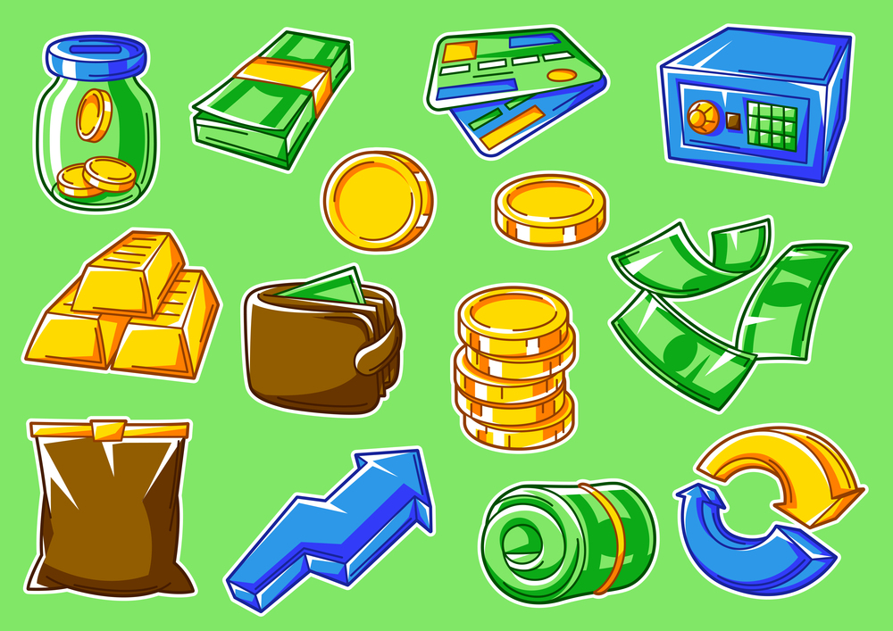 Set of banking and money icons. Business illustration with finance items. Economy and commerce stylized image.. Set of banking and money icons. Business illustration with finance items.