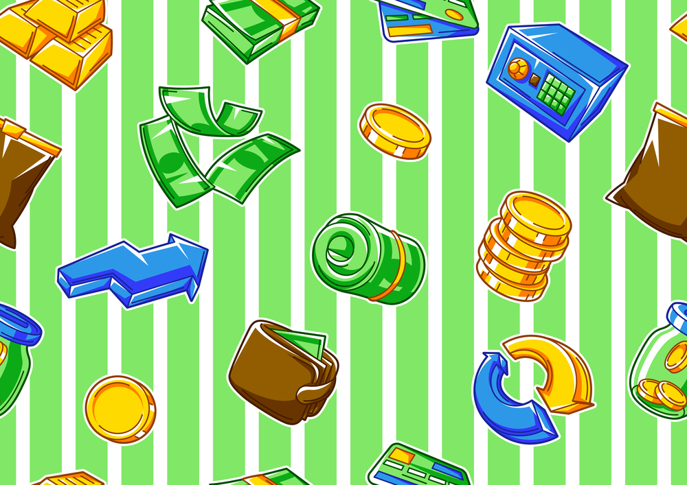 Banking seamless pattern with money icons. Business background with finance items. Economy and commerce stylized image.. Banking seamless pattern with money icons. Business background with finance items.