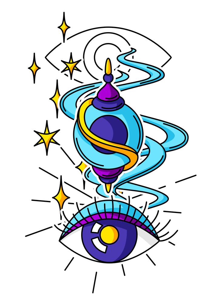 Magic amulet and all-seeing eye. Mystic, alchemy, spirituality and tattoo art. Isolated vector print. Cartoon magical background.. Magic amulet and all-seeing eye. Mystic, alchemy, spirituality and tattoo art. Isolated vector print.
