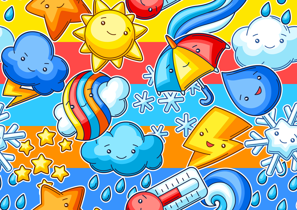 Seamless pattern with cute kawaii weather items. Funny seasonal child illustration. Cartoon stylized characters.. Seamless pattern with cute kawaii weather items. Funny seasonal child illustration.