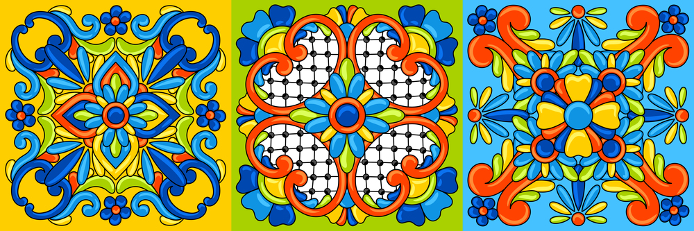 Mexican talavera ceramic tile pattern. Decoration with ornamental flowers. Traditional decorative objects. Ethnic folk ornament.. Mexican talavera ceramic tile pattern. Decoration with ornamental flowers. Background with mexican talavera pattern. Decoration with ornamental flowers.