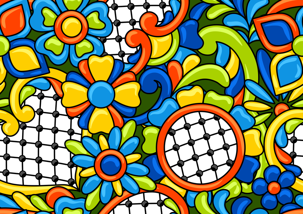 Mexican talavera seamless pattern. Decorative background with ornamental flowers. Traditional tile decorative objects. Ethnic folk ornament.. Mexican talavera seamless pattern. Decorative background with ornamental flowers. Background with mexican talavera pattern. Decoration with ornamental flowers.