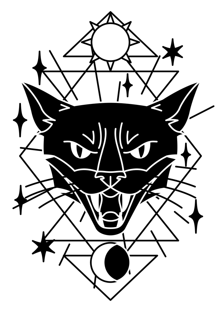 Magic illustration with cat. Mystic, alchemy, spirituality and tattoo art. Isolated vector print. Black and white magical simbol.. Magic illustration with cat. Mystic, alchemy, spirituality and tattoo art.