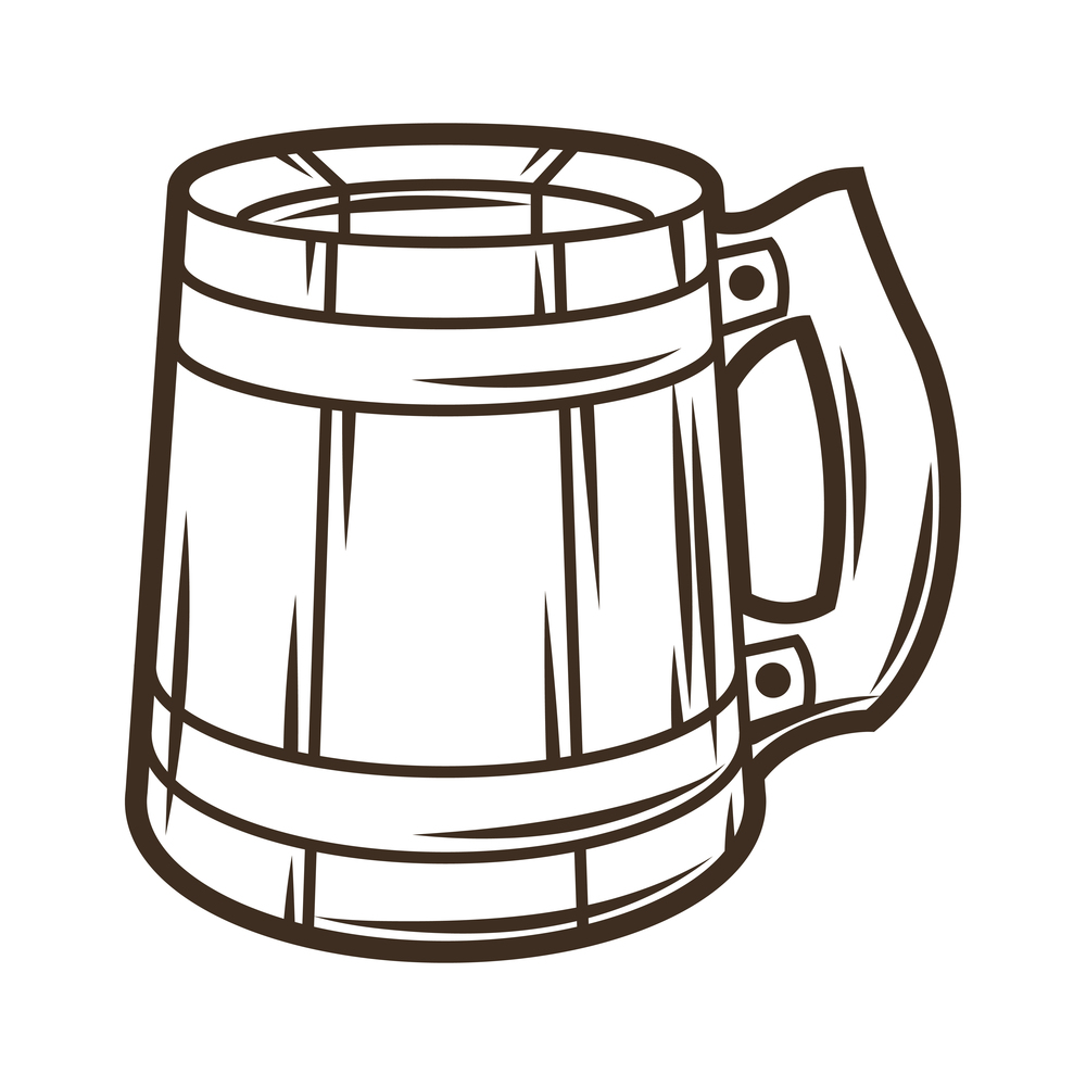 Illustration of wood mug with beer. Object in engraving hand drawn style. Old decorative element for beer festival or Oktoberfest.. Illustration of wood mug with beer. Object in engraving hand drawn style. Old element for beer festival or Oktoberfest.