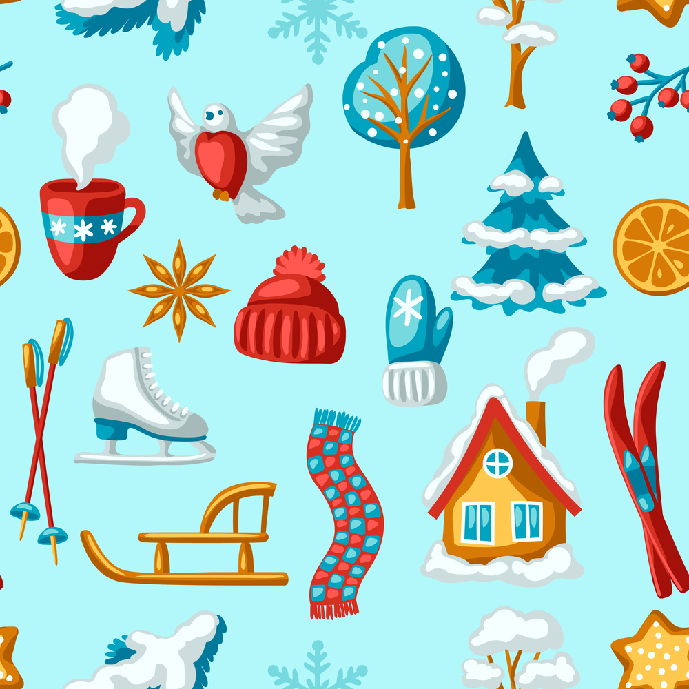 Winter seasonal seamless pattern. Outdoor leisure and cute fun things. Merry Christmas holiday and vacation time.. Winter seasonal seamless pattern. Outdoor leisure and cute fun things. Merry Christmas holiday and vacation.