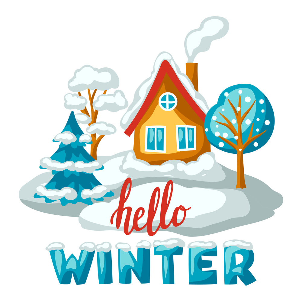 Cute house in forest. Winter stylized illustration. Merry Christmas holiday and vacation time.. Cute house in forest. Winter stylized illustration. Merry Christmas holiday and vacation.