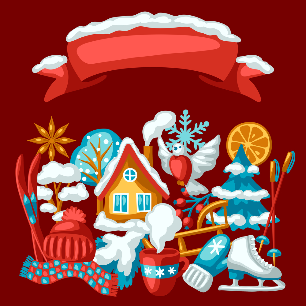 Winter seasonal background. Outdoor leisure and cute fun things. Merry Christmas holiday and vacation time.. Winter seasonal background. Outdoor leisure and cute fun things. Merry Christmas holiday and vacation.
