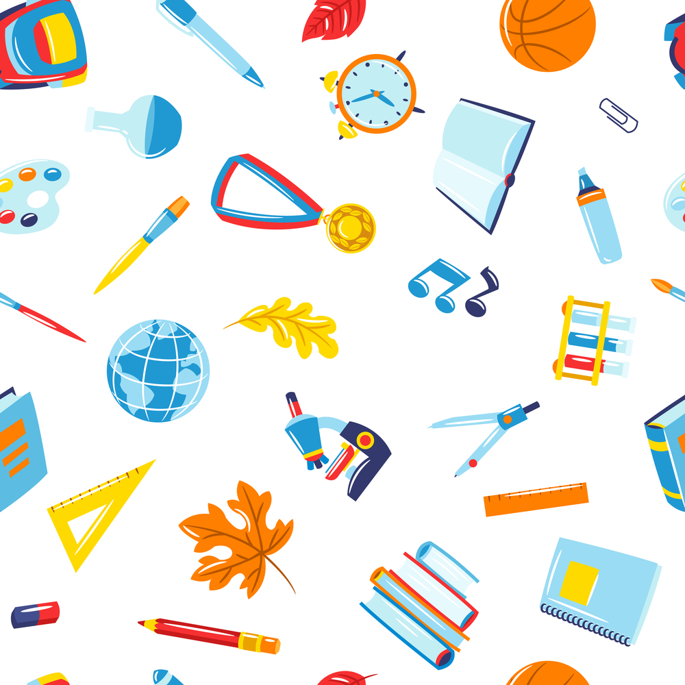 School seamless pattern with education items. Colorful supplies and stationery background.. School seamless pattern with education items. Supplies and stationery background.