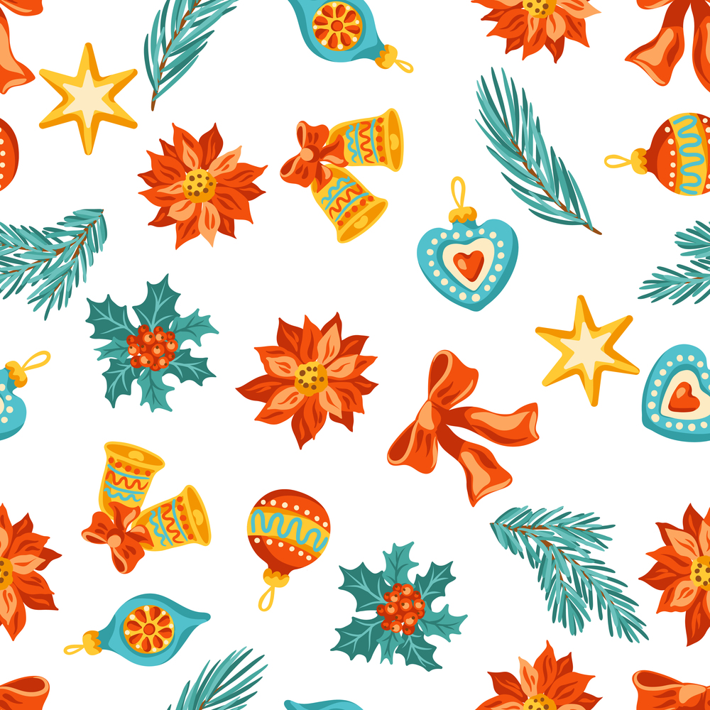 Merry Christmas seamless pattern. Holiday background in vintage style. Happy New Year celebration.. Merry Christmas seamless pattern. Holiday background in vintage style.