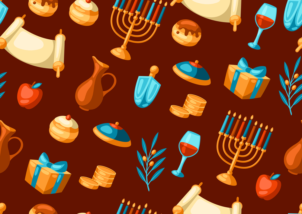 Happy Hanukkah seamless pattern with religious symbols. Background with holiday objects. Celebration traditional items.. Happy Hanukkah seamless pattern with religious symbols. Background with holiday objects.
