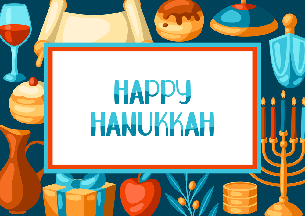 Happy Hanukkah frame with religious symbols. Illustration with holiday objects. Celebration traditional items.. Happy Hanukkah frame with religious symbols. Illustration with holiday objects.
