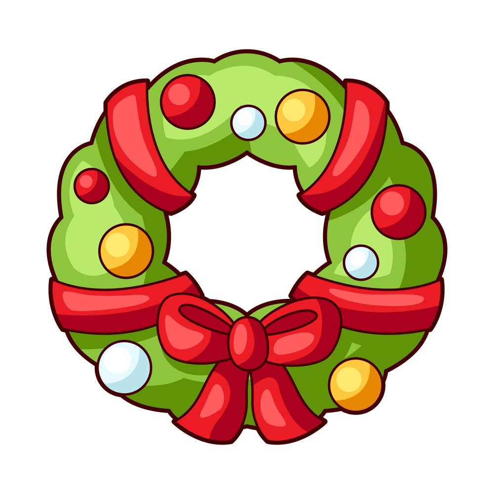 Illustration of funny wreath. Sweet Merry Christmas item. Cute symbol in cartoon style.. Illustration of wreath. Sweet Merry Christmas item. Cute symbol in cartoon style.