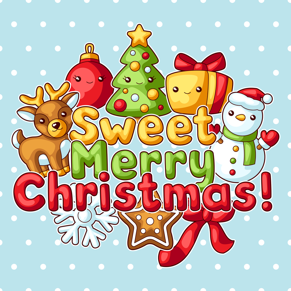 Sweet Merry Christmas greeting card. Cute characters and symbols. Holiday background in cartoon style. Happy lovely celebration.. Sweet Merry Christmas greeting card. Cute characters and symbols. Holiday background in cartoon style.