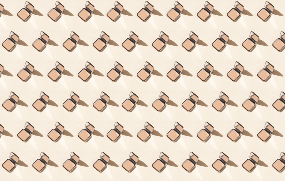 Minimal modern cosmetic scene with compact powder seamless pattern background. make up brushes
