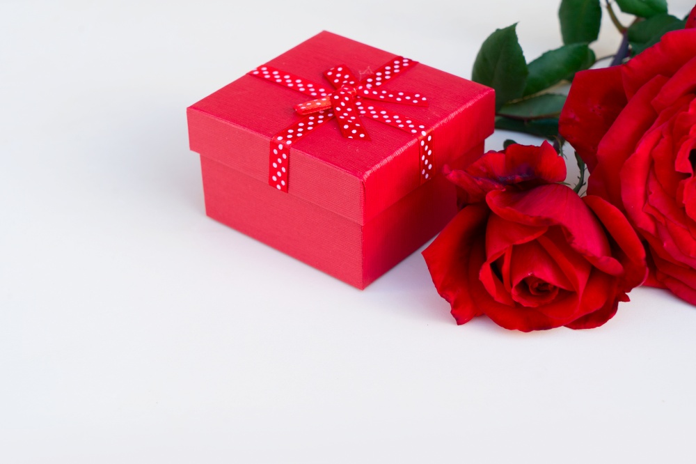 dark red fresh roses with gift box laying on neutral beige background with copy space. dark red roses on table