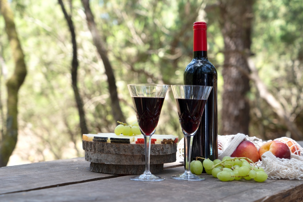 picnic with red wine, bread and cheese. picnic with wine