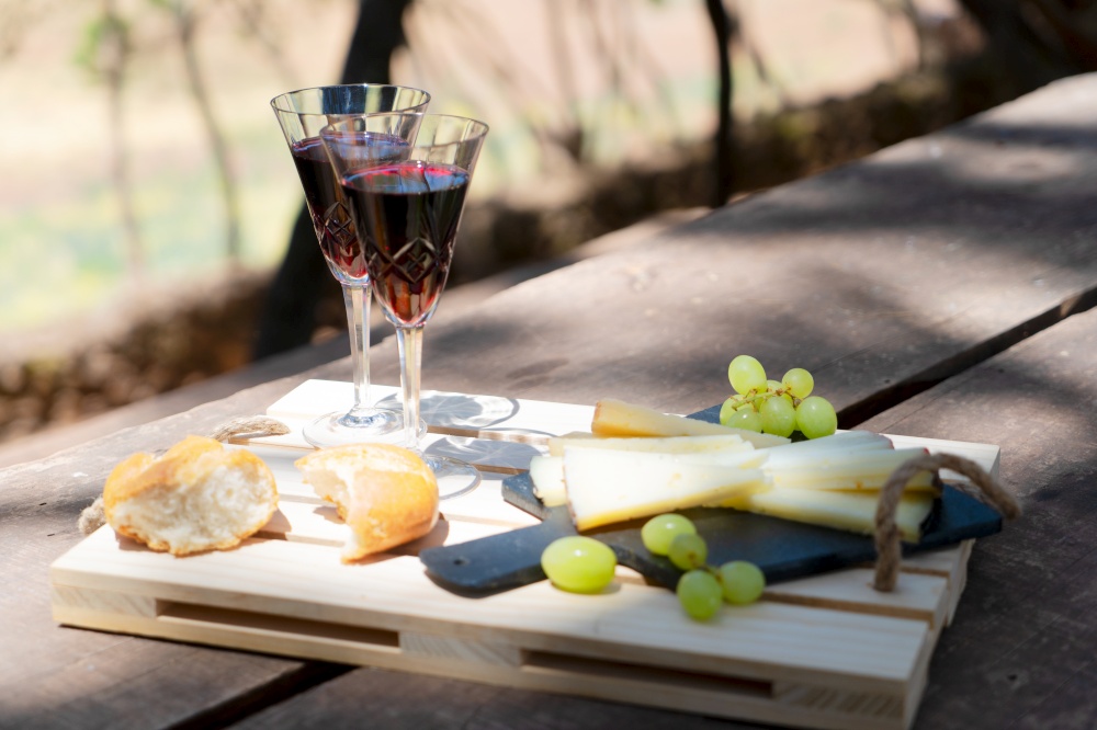 picnic with red wine bottle and glasses, bread and cheese. picnic with wine