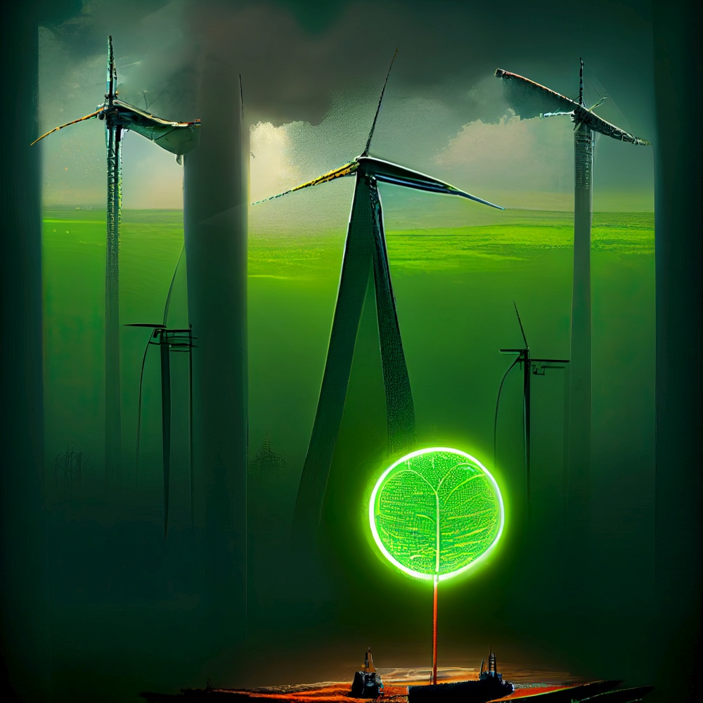 save the green planet concept with fresh geen leaf or tree on background of electric windmills. green planet concept
