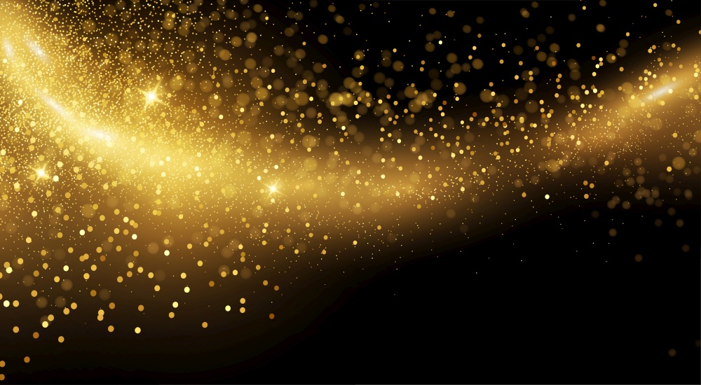 Holiday Abstract shiny color gold design element and glitter effect on dark background. For website, greeting, discount voucher, greeting and poster design. Holiday Abstract shiny color gold design element