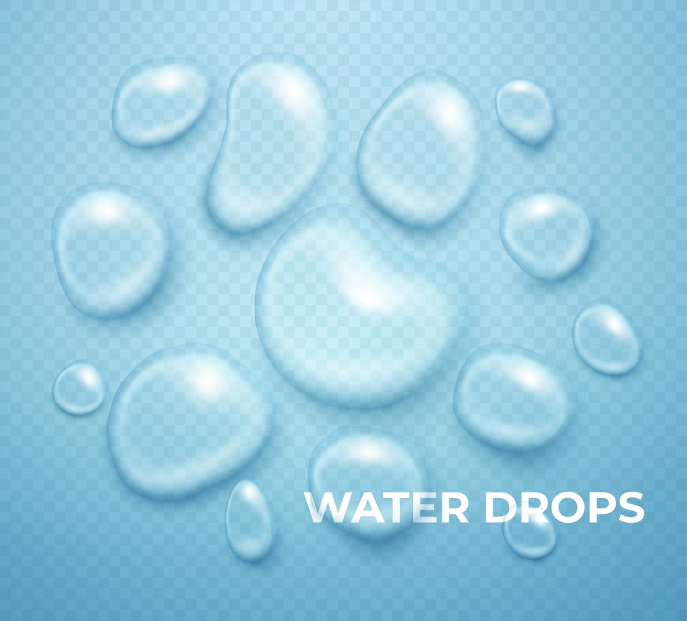 Realistic Water drop. Pure transparent droplet. 3D Clean drop condensation. Vector set.. Realistic Water drop. Pure transparent droplet. Clean drop condensation. Vector set.