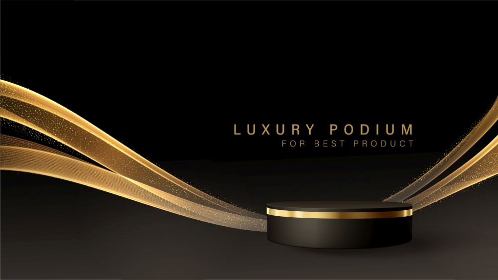 Minimal black scene with golden lines and glitter dust. Cylindrical gold and black podium on a black background. 3D stage for displaying a cosmetic product. Luxury background. Minimal black scene with golden lines. Cylindrical gold and black podium on a black background. 3D stage for displaying a cosmetic product