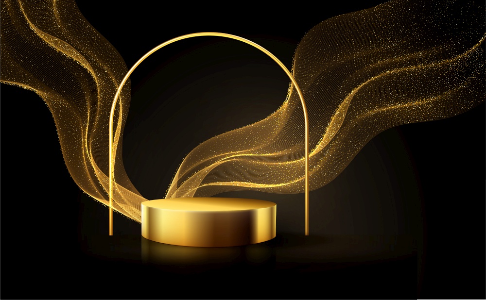 Minimal black scene with golden lines and glitter dust. Cylindrical gold podium and arch on a black background. 3D stage for displaying a cosmetic product. Luxury background. Minimal black scene with golden lines. Cylindrical gold and black podium on a black background. 3D stage for displaying a cosmetic product