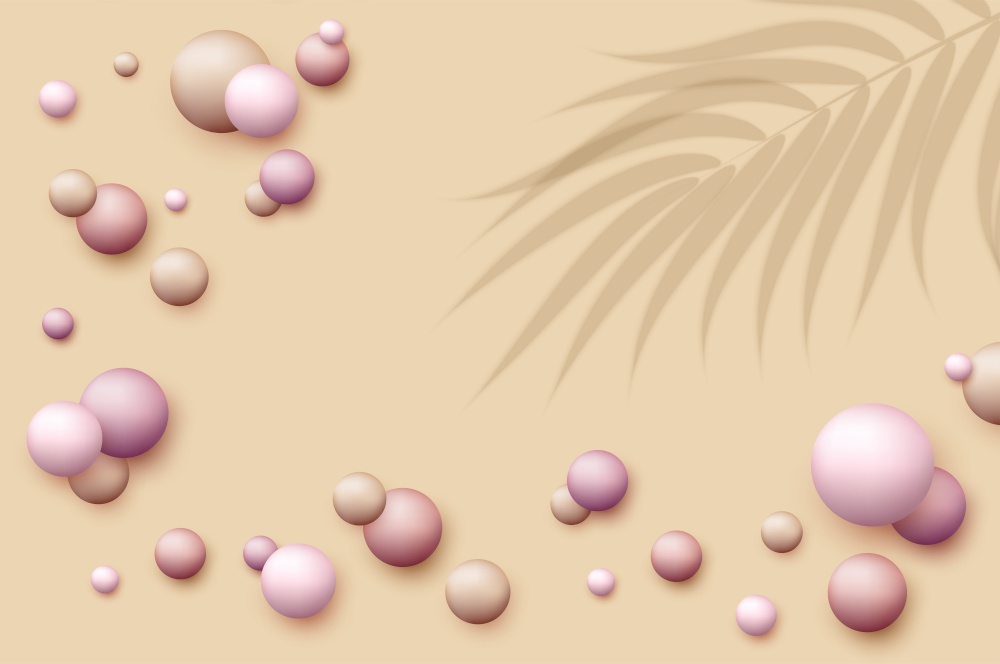 Vector dynamic background with colorful realistic 3d balls. Round sphere in pearls pastel colors on beige backdrop. Powder balls, foundation, powder, blush, meteorites. Abstract template for social media, advertising cosmetic cover.. Vector dynamic background with colorful realistic 3d balls. Round sphere in pearls pastel colors with overlay palm leaves shadow. Powder balls, foundation, powder, blush, meteorites.