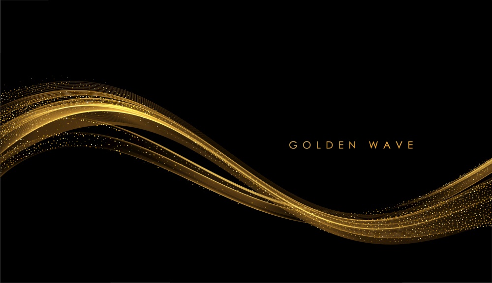 Abstract Gold smoke Waves. Shiny golden moving lines design element with glitter effect on dark background for gift, greeting card and disqount voucher. Vector Illustration. Abstract Gold Waves. Shiny golden moving lines design element with glitter effect on dark background for greeting card and disqount voucher.