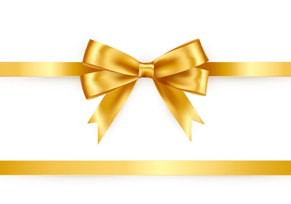 Shiny satin ribbon on white background. Paper bow gold color. Vector decoration for gift card and discount voucher.. Shiny color satin ribbon on white background