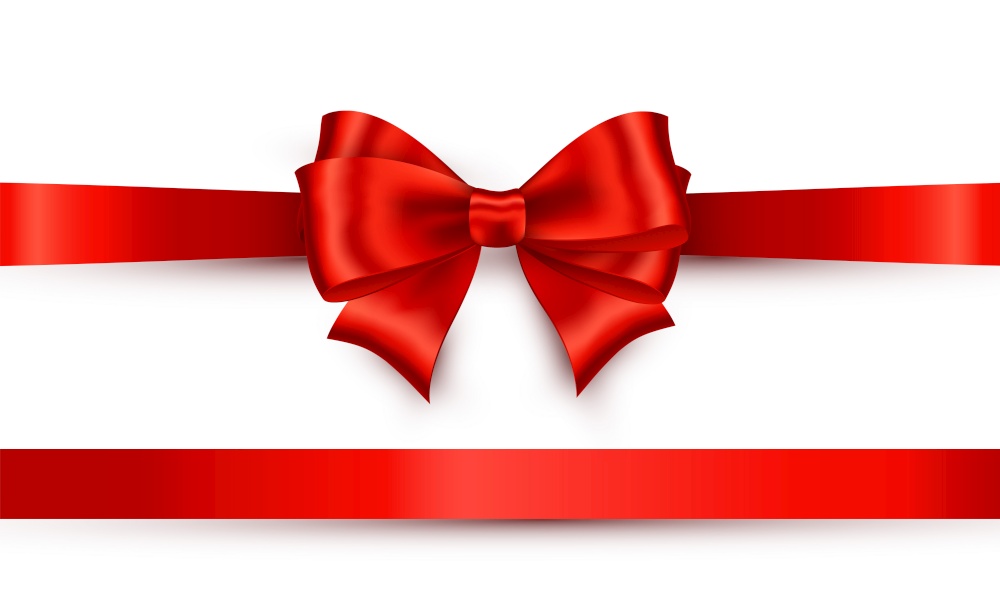 Red Shiny satin ribbon on white background. Silk bow red color. Vector decoration for gift card and discount voucher.. Shiny color satin ribbon on white background