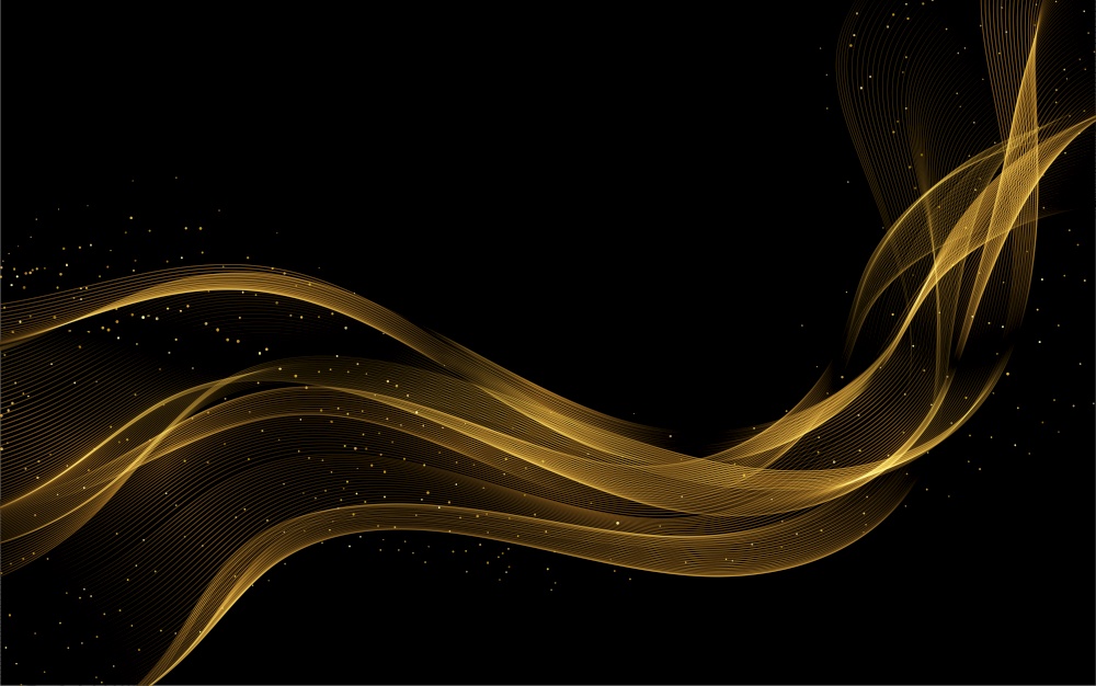 Vector Abstract Gold smoke Waves. Shiny golden moving lines design element with glitter effect on dark background for gift, greeting card and disqount voucher, wedding invitation.. Abstract Gold Waves. Shiny golden moving lines design element with glitter effect on dark background for greeting card and disqount voucher.
