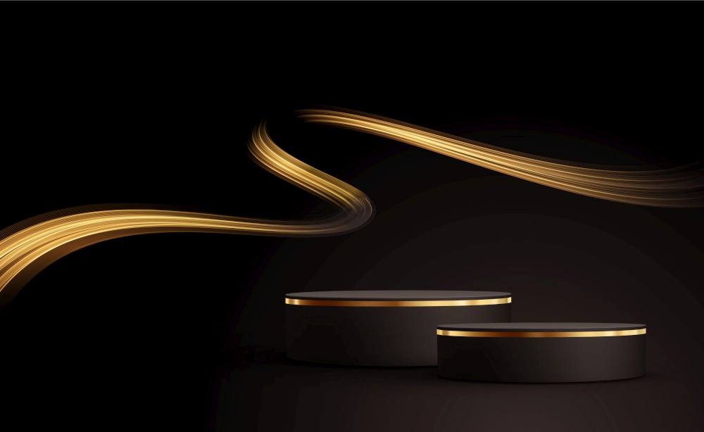 Minimal black scene with golden lines. Cylindrical gold and black podium on a black background. 3D stage for displaying a cosmetic product. Luxury background. Minimal black scene with golden lines. Cylindrical gold and black podium on a black background. 3D stage for displaying a cosmetic product