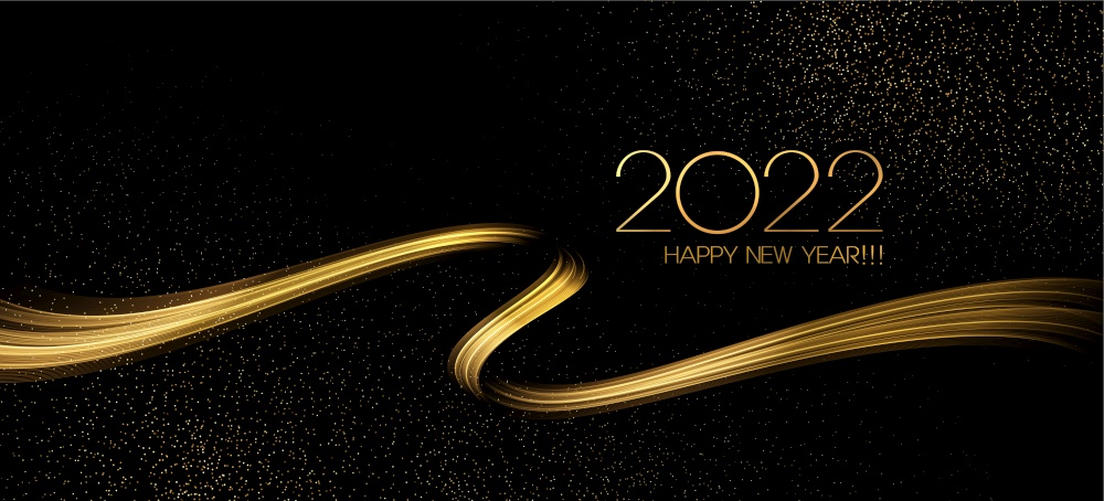 2022 New year with Abstract shiny color gold wave design element and glitter effect on dark background. For Calendar, poster design. 2022 New Year Abstract shiny color gold wave design element