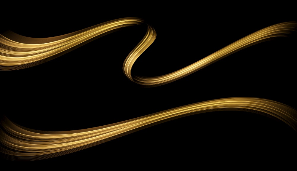 Abstract Gold Waves. Shiny golden moving lines design element on dark background for gift, greeting card and disqount voucher. Vector Illustration. Abstract Gold Waves. Shiny golden moving lines design element with glitter effect on dark background for greeting card and disqount voucher.