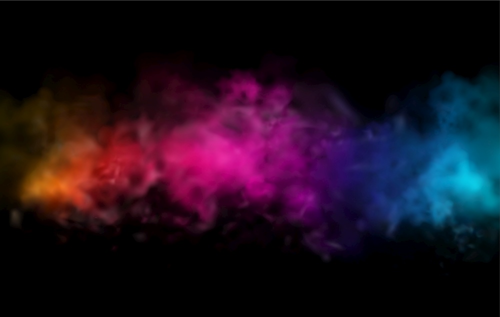 Holiday Abstract blue, purple and orange powder smoke cloud design element on dark background. Nightclub stage. For website and poster design. Holiday Abstract shiny color powder cloud design element
