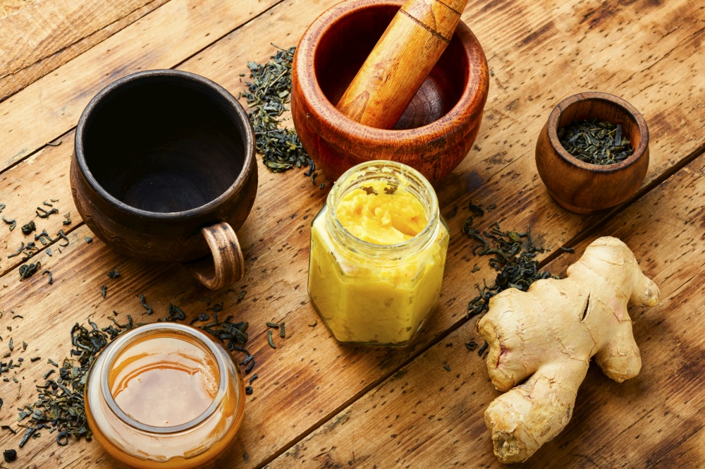 Tea with ginger extract,lemon and honey.Ginger tea ingredients. Healing tea with ginger